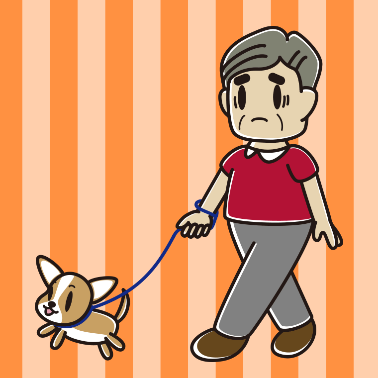 犬の散歩で困るおじさんのイラスト【色、背景あり】PNG