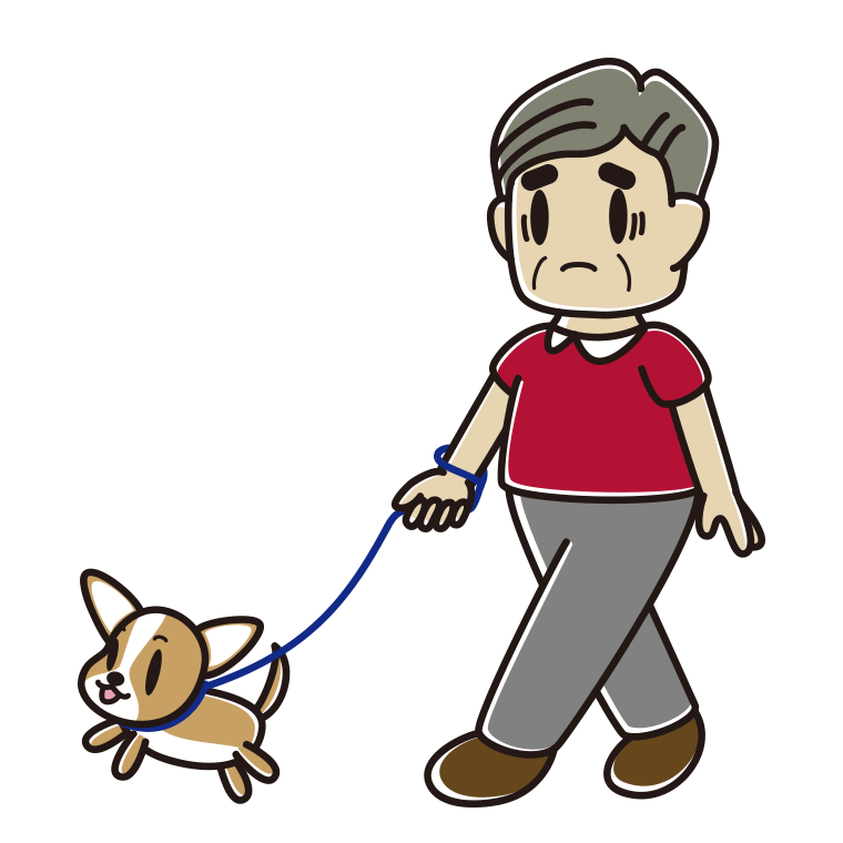 犬の散歩で困るおじさんのイラスト【色あり、背景なし】透過PNG