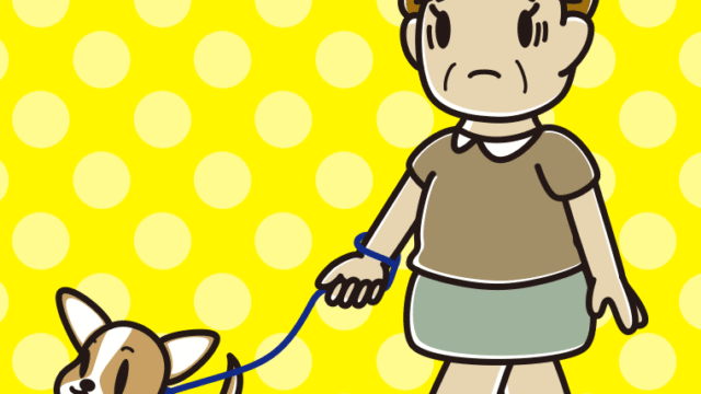 犬の散歩で困るおばさんのイラスト【色、背景あり】PNG