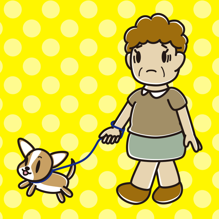 犬の散歩で困るおばさんのイラスト【色、背景あり】PNG