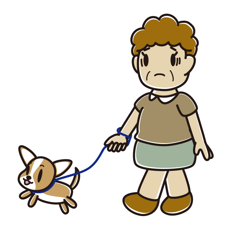 犬の散歩で困るおばさんのイラスト【色あり、背景なし】透過PNG