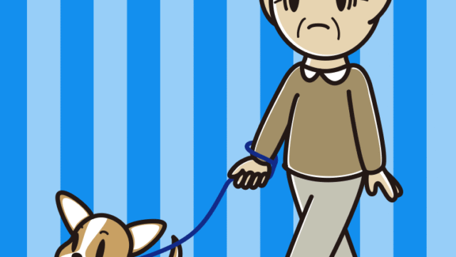 犬の散歩で困るおじいさんのイラスト【色、背景あり】PNG