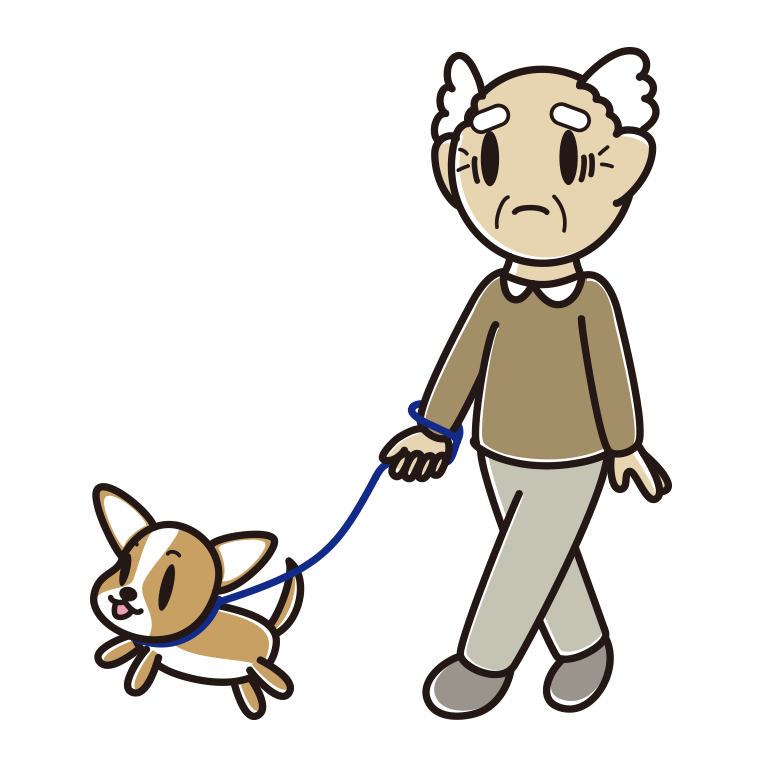 犬の散歩で困るおじいさんのイラスト【色あり、背景なし】透過PNG