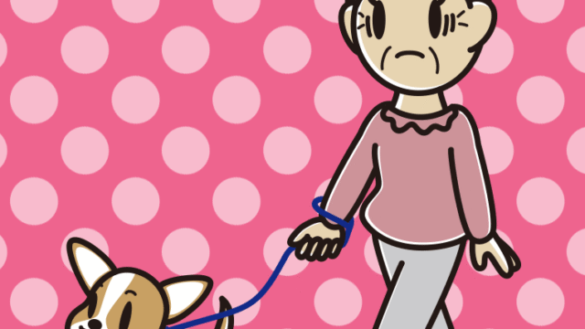 犬の散歩で困るおばあさんのイラスト【色、背景あり】PNG