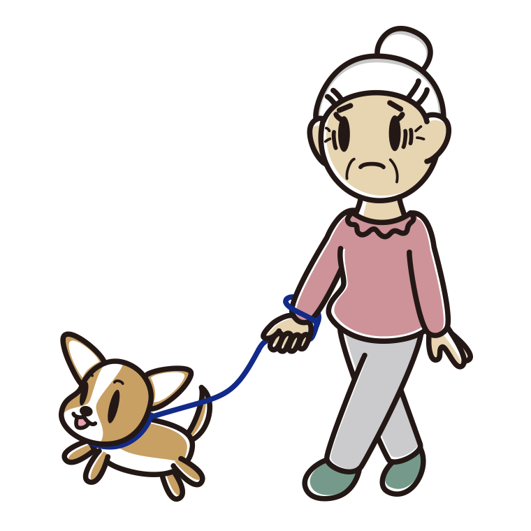 犬の散歩で困るおばあさんのイラスト【色あり、背景なし】透過PNG