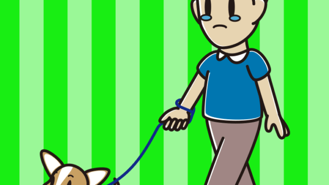 犬の散歩で泣く男性のイラスト【色、背景あり】PNG