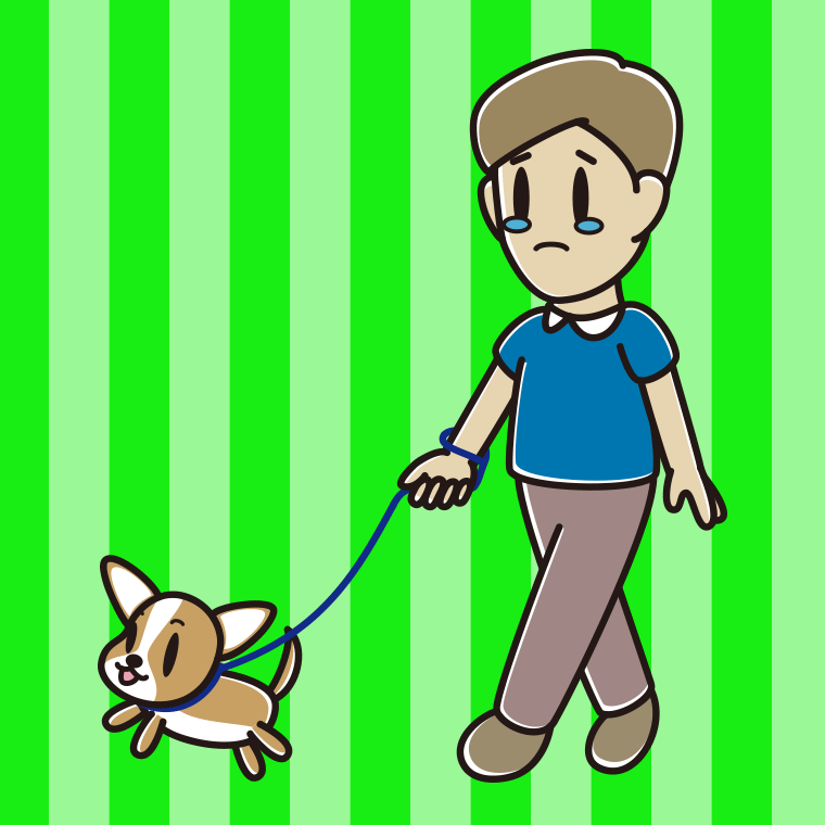 犬の散歩で泣く男性のイラスト【色、背景あり】PNG