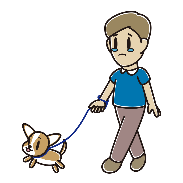 犬の散歩で泣く男性のイラスト【色あり、背景なし】透過PNG