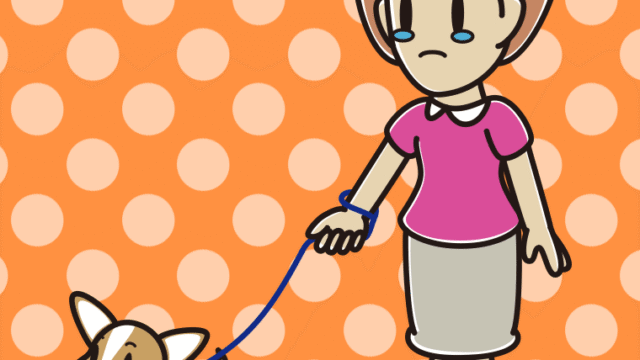 犬の散歩で泣く女性のイラスト【色、背景あり】PNG