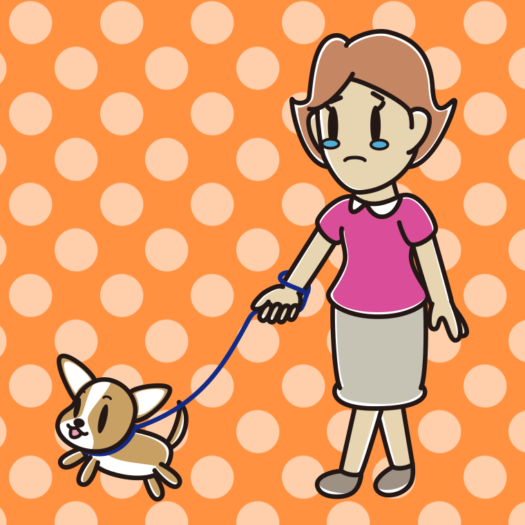 犬の散歩で泣く女性のイラスト【色、背景あり】PNG