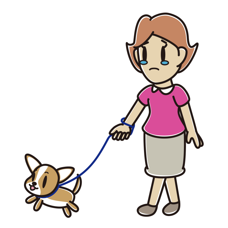 犬の散歩で泣く女性のイラスト【色あり、背景なし】透過PNG