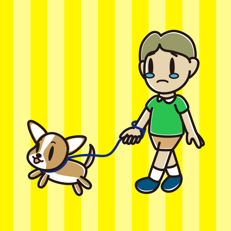 犬の散歩で泣く小学生男子のイラスト【色、背景あり】PNG