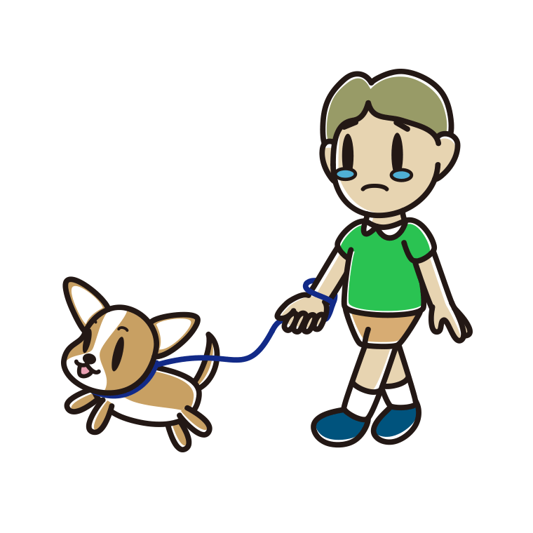 犬の散歩で泣く小学生男子のイラスト【色あり、背景なし】透過PNG