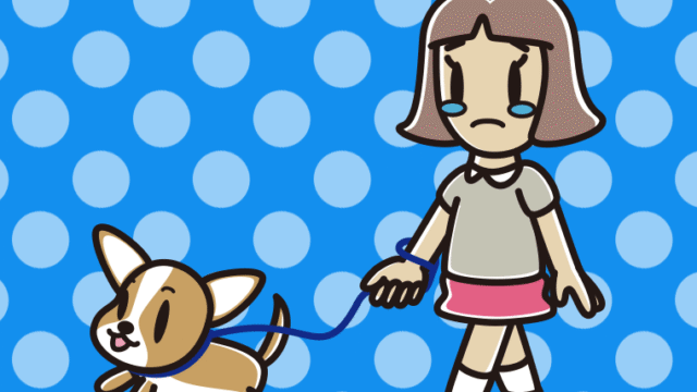 犬の散歩で泣く小学生女子のイラスト【色、背景あり】PNG