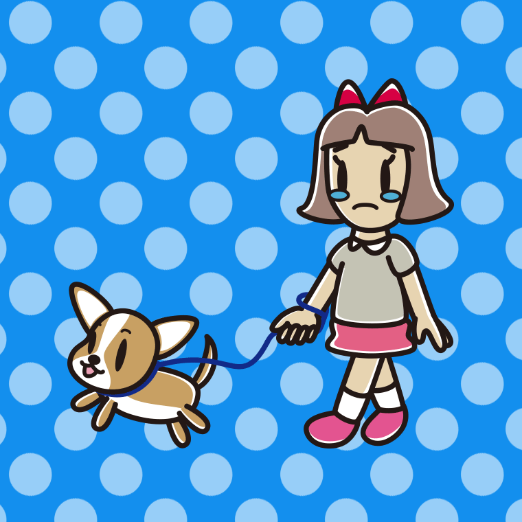 犬の散歩で泣く小学生女子のイラスト【色、背景あり】PNG