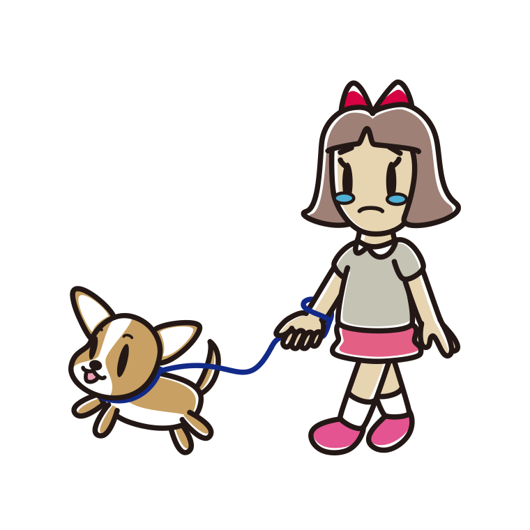 犬の散歩で泣く小学生女子のイラスト【色あり、背景なし】透過PNG