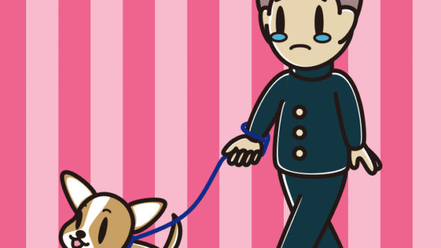 犬の散歩で泣く男子中学生のイラスト【色、背景あり】PNG