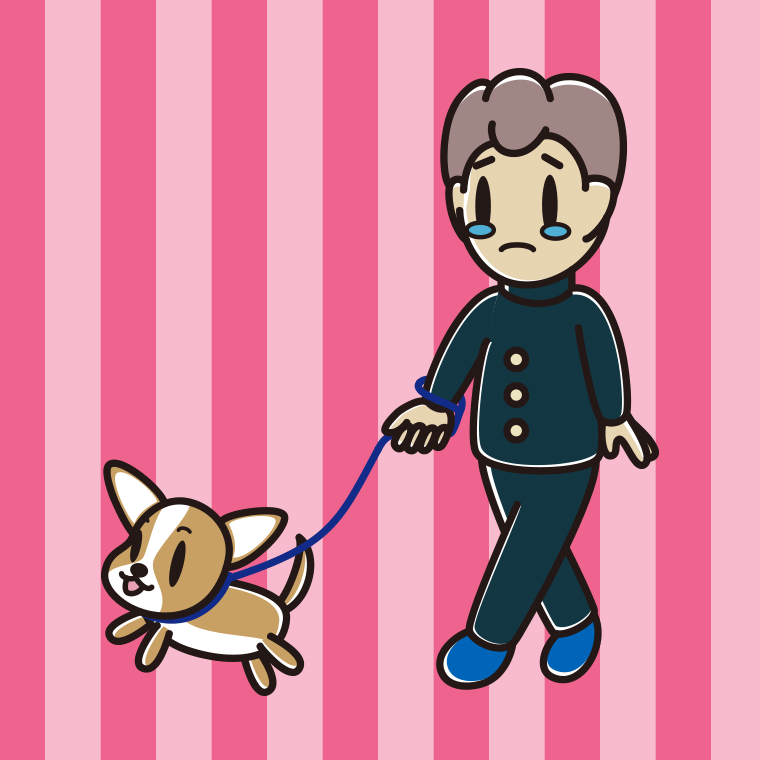 犬の散歩で泣く男子中学生のイラスト【色、背景あり】PNG