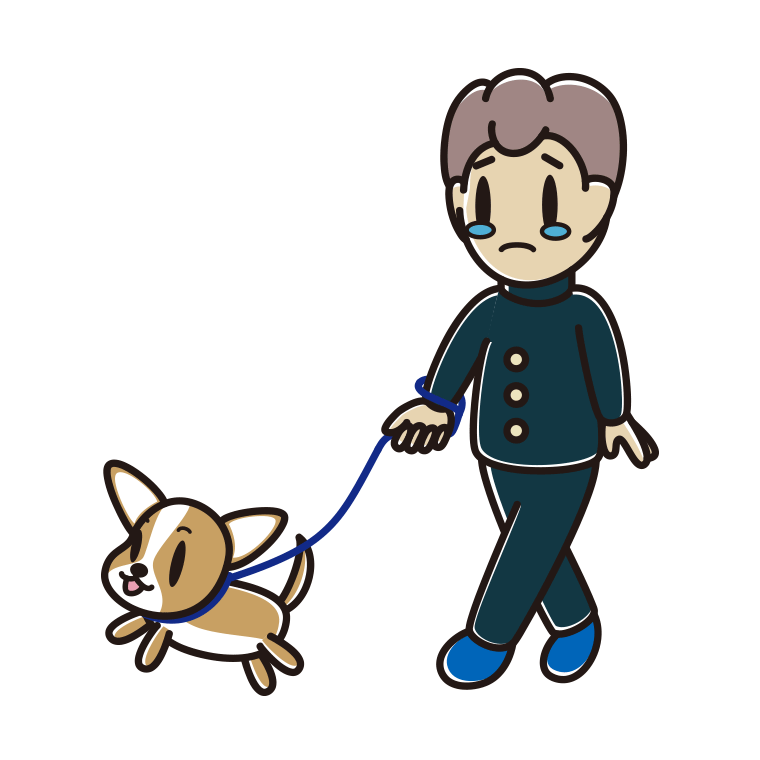 犬の散歩で泣く男子中学生のイラスト【色あり、背景なし】透過PNG