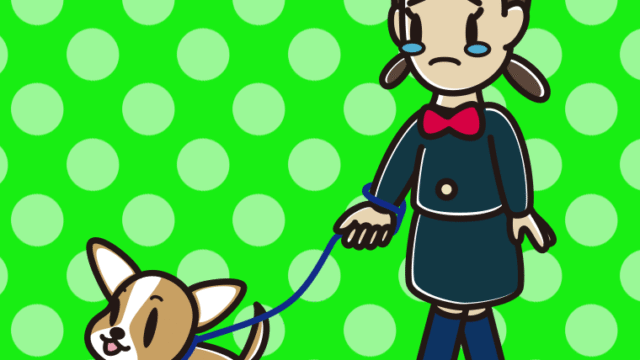 犬の散歩で泣く女子中学生のイラスト【色、背景あり】PNG