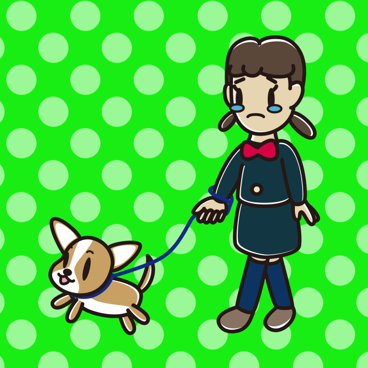 犬の散歩で泣く女子中学生のイラスト【色、背景あり】PNG