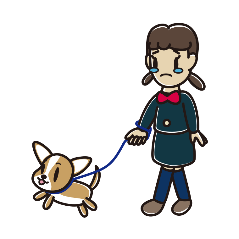 犬の散歩で泣く女子中学生のイラスト【色あり、背景なし】透過PNG