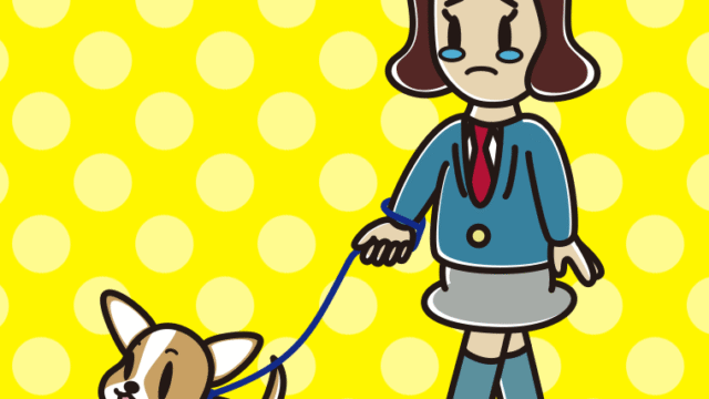 犬の散歩で泣く女子高校生のイラスト【色、背景あり】PNG