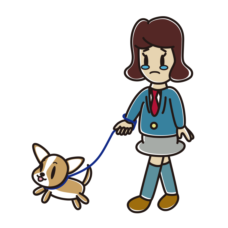 犬の散歩で泣く女子高校生のイラスト【色あり、背景なし】透過PNG