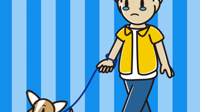 犬の散歩で泣く男子大学生のイラスト【色、背景あり】PNG