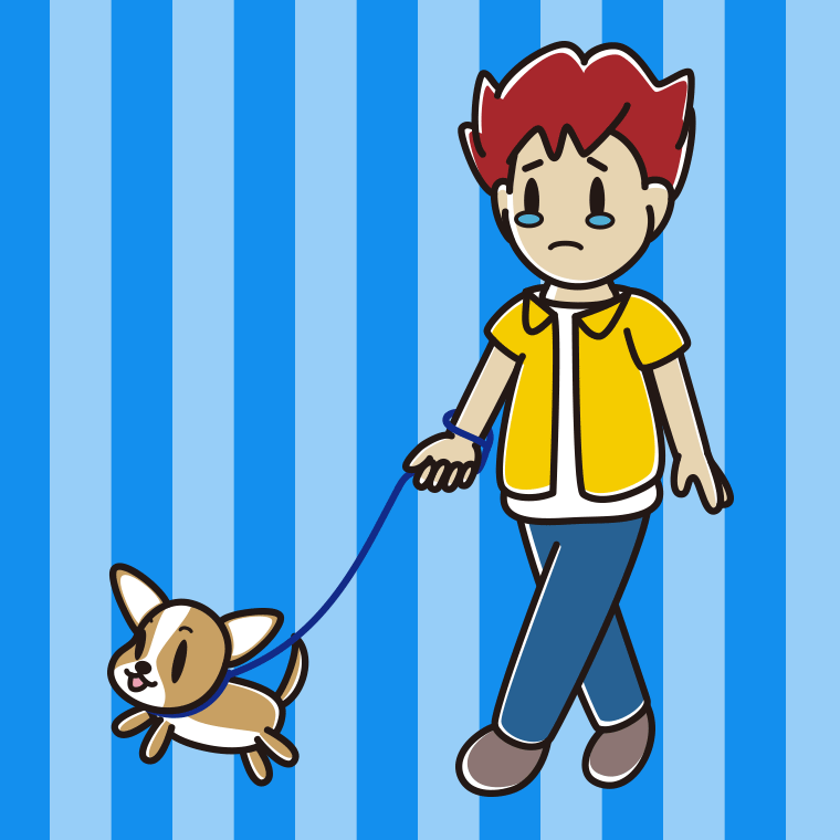犬の散歩で泣く男子大学生のイラスト【色、背景あり】PNG