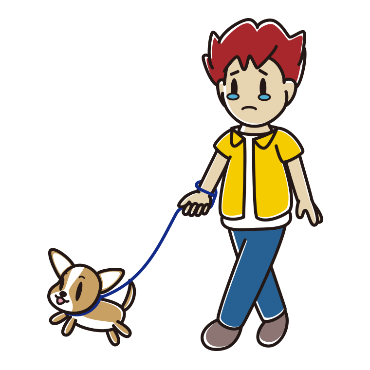 犬の散歩で泣く男子大学生のイラスト【色あり、背景なし】透過PNG