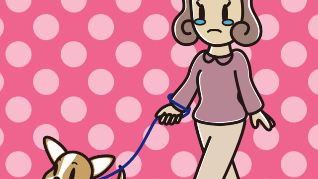 犬の散歩で泣く女子大学生のイラスト【色、背景あり】PNG