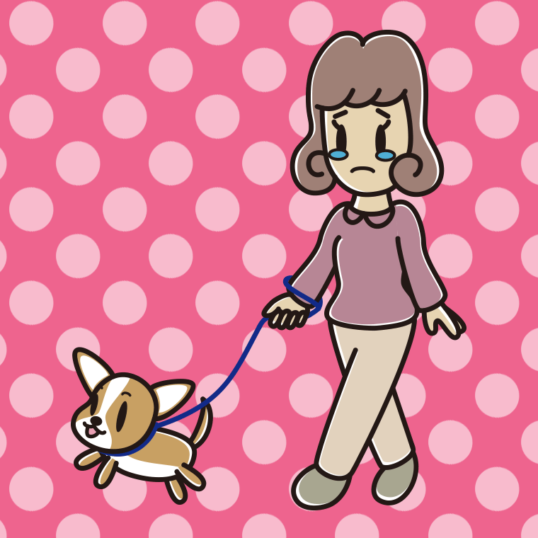 犬の散歩で泣く女子大学生のイラスト【色、背景あり】PNG