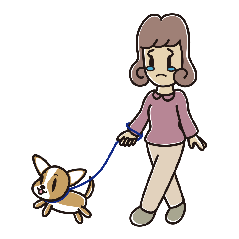 犬の散歩で泣く女子大学生のイラスト【色あり、背景なし】透過PNG