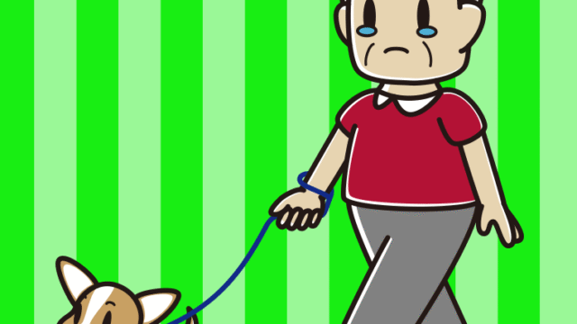 犬の散歩で泣くおじさんのイラスト【色、背景あり】PNG