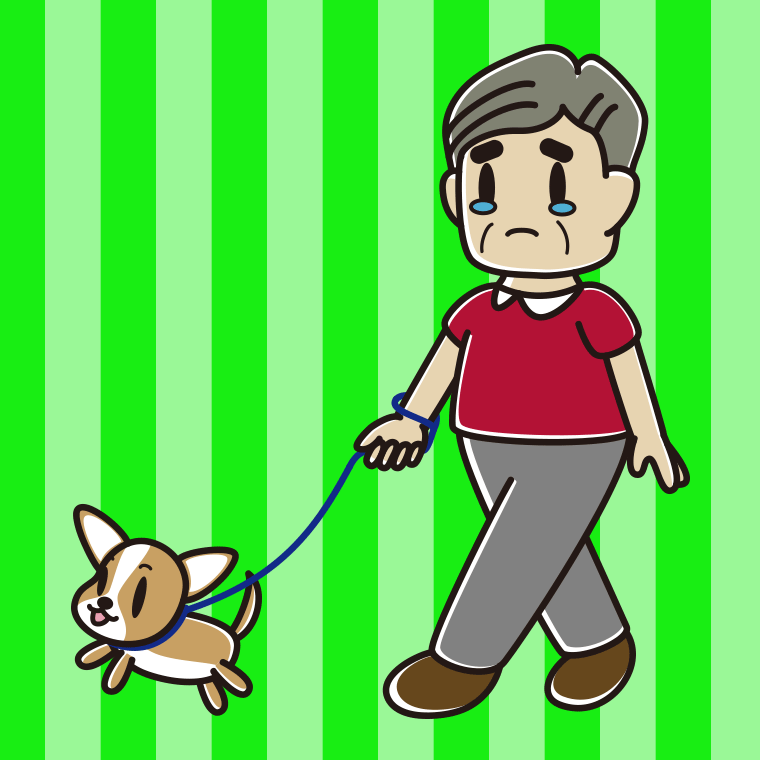 犬の散歩で泣くおじさんのイラスト【色、背景あり】PNG