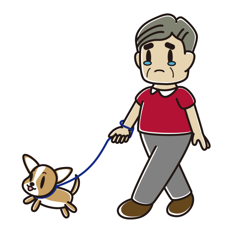 犬の散歩で泣くおじさんのイラスト【色あり、背景なし】透過PNG