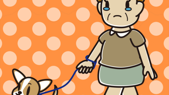 犬の散歩で泣くおばさんのイラスト【色、背景あり】PNG