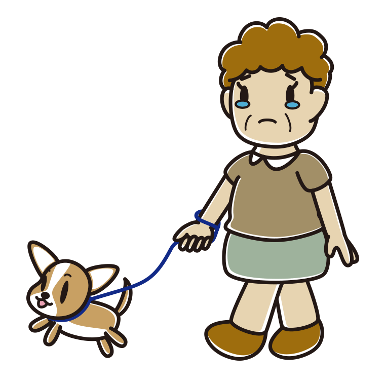 犬の散歩で泣くおばさんのイラスト【色あり、背景なし】透過PNG