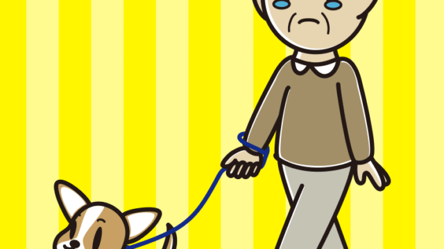 犬の散歩で泣くおじいさんのイラスト【色、背景あり】PNG