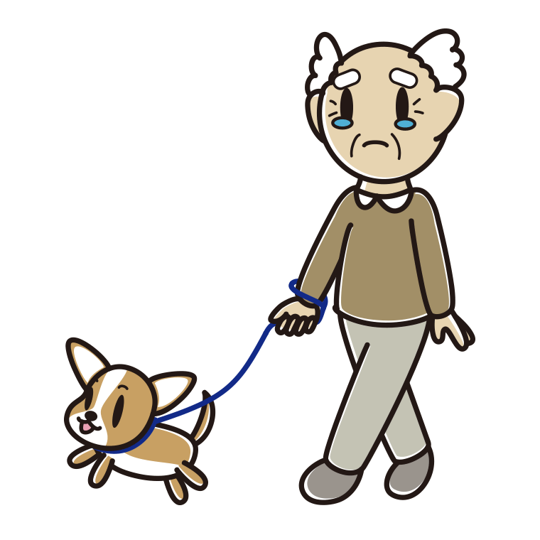 犬の散歩で泣くおじいさんのイラスト【色あり、背景なし】透過PNG