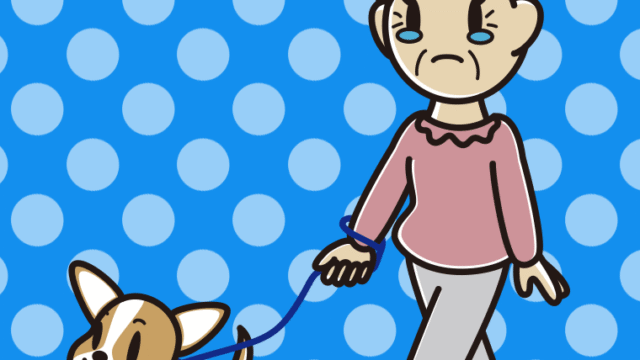 犬の散歩で泣くおばあさんのイラスト【色、背景あり】PNG