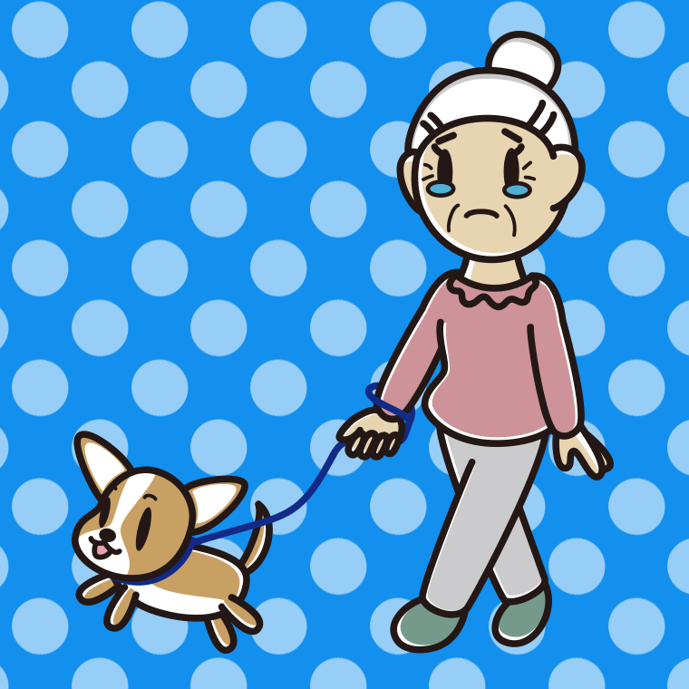 犬の散歩で泣くおばあさんのイラスト【色、背景あり】PNG