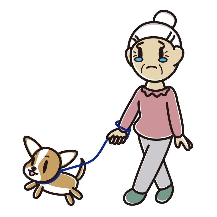 犬の散歩で泣くおばあさんのイラスト【色あり、背景なし】透過PNG