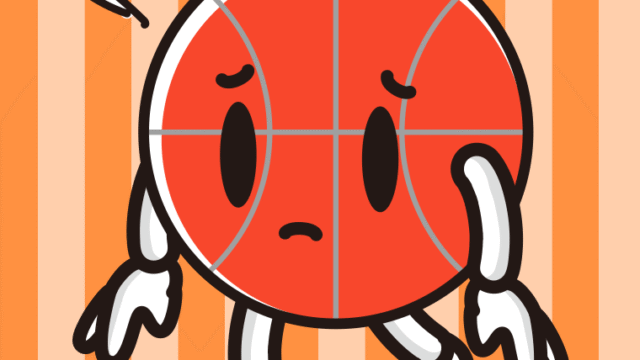 悲しそうなバスケットボールちゃんのイラスト【色、背景あり】PNG