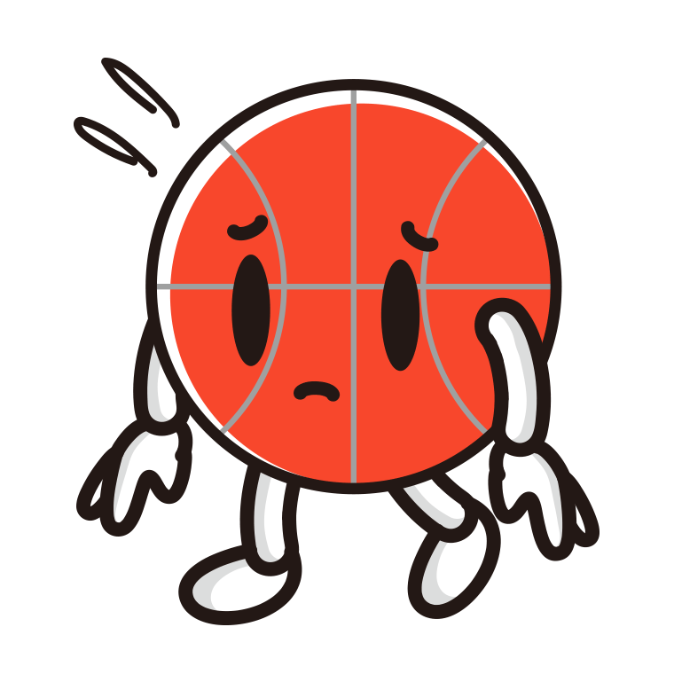 悲しそうなバスケットボールちゃんのイラスト【色あり、背景なし】透過PNG
