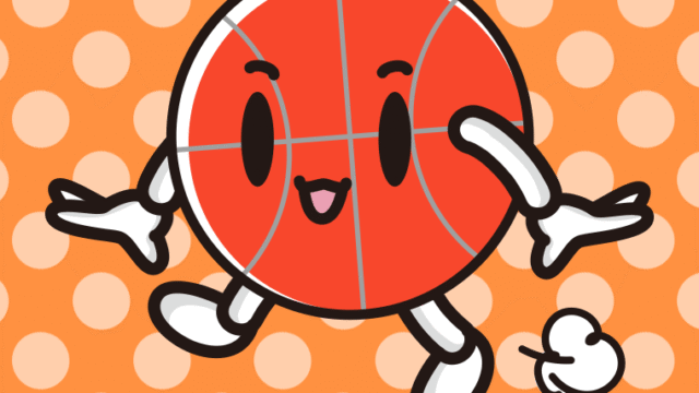 歩くバスケットボールちゃんのイラスト【色、背景あり】PNG