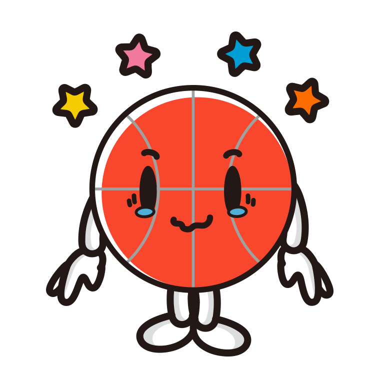 ジーンとするバスケットボールちゃんのイラスト【色あり、背景なし】透過PNG