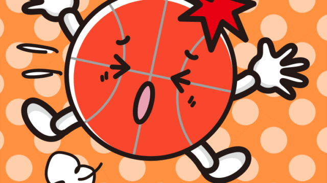 ぶつかるバスケットボールちゃんのイラスト【色、背景あり】PNG