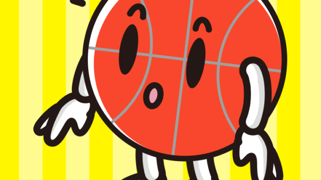 何かに気付くバスケットボールちゃんのイラスト【色、背景あり】PNG